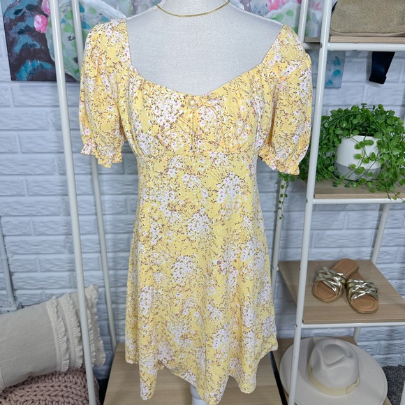 Altar’d State Yellow Floral Milkmaid Mini Dress (M) - Picture 1 of 5